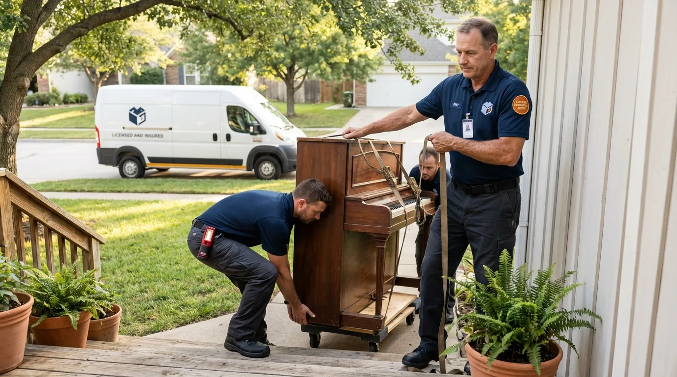 Licensed piano movers securing grand piano in Ward, AR