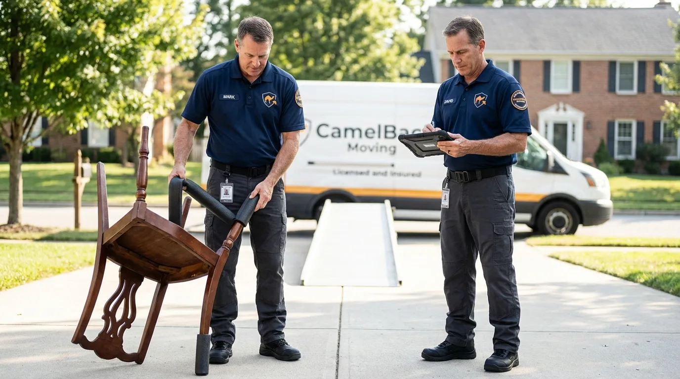 Movers inspecting furniture for damage prevention before loading in Ward, AR