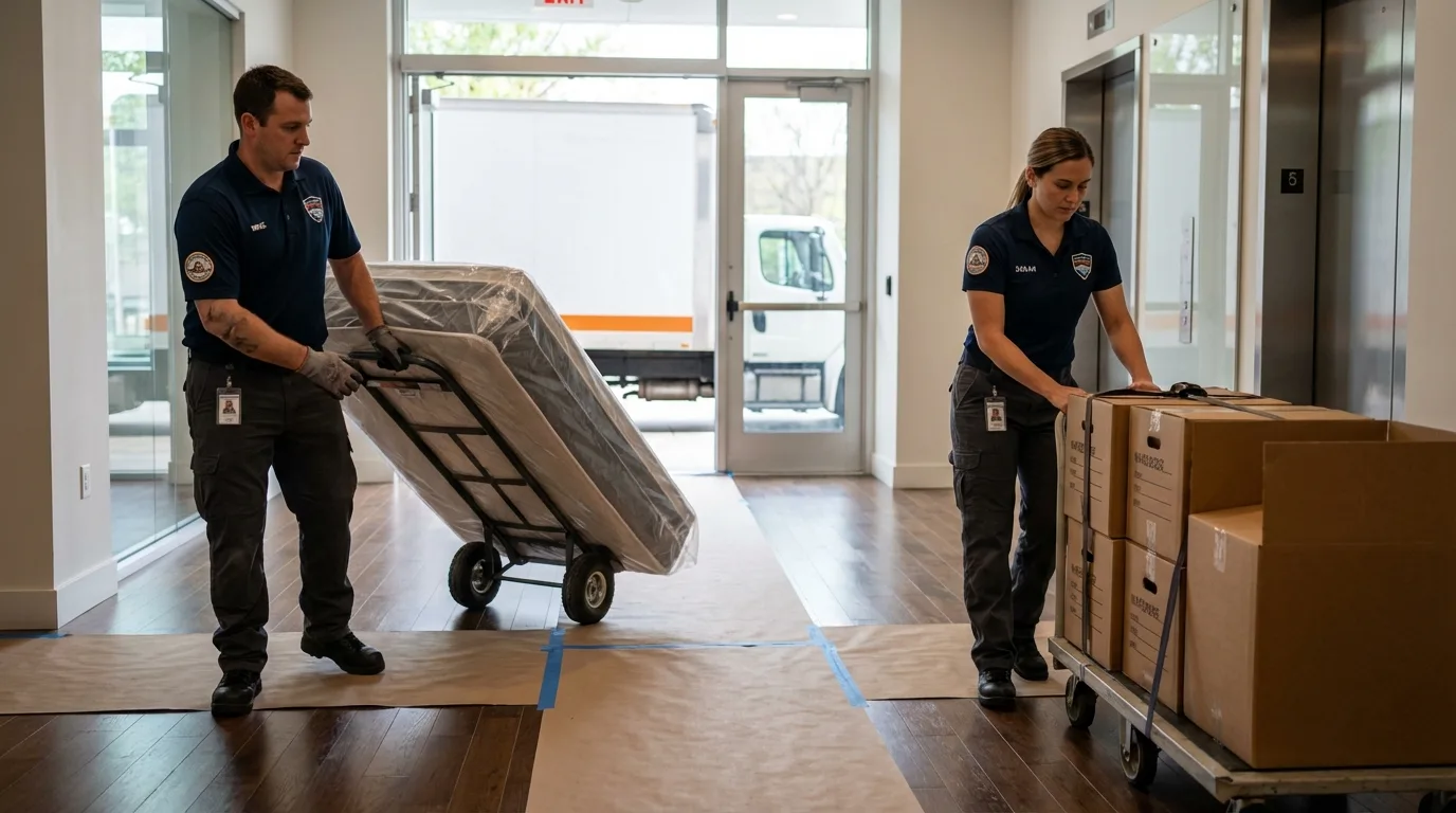 Professional apartment movers loading elevator in Ward, AR